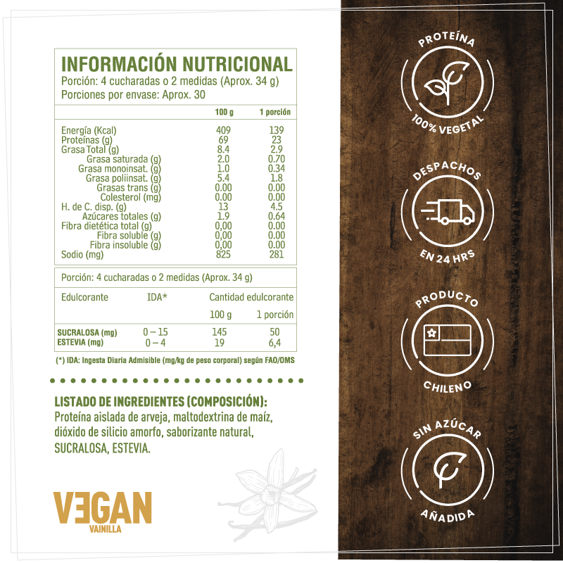 Proteínas en polvo Vegan Vainilla 1kg (30 porciones)