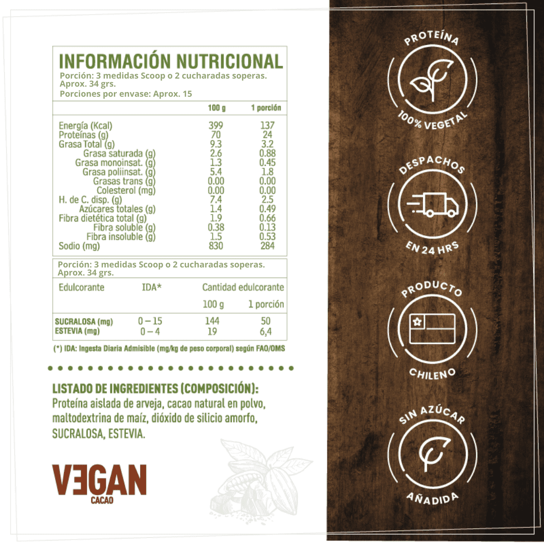 Proteínas en polvo Vegan Cacao 500 grs. (15 porciones)