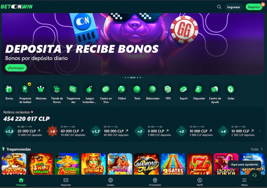 Página principal de Betonwin con casino online, apuestas deportivas, tragamonedas y promociones